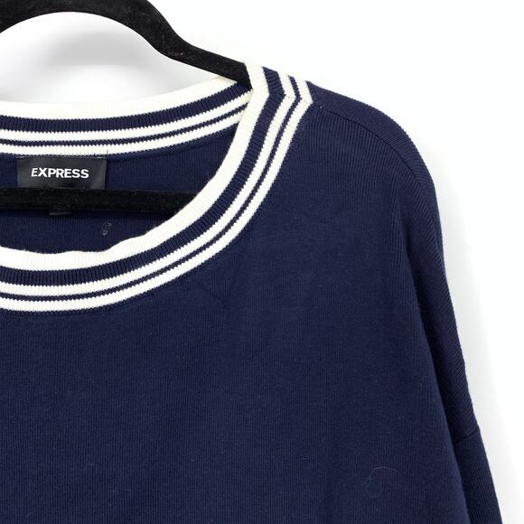 Express Pullover Sweater Womens Size Medium Navy Blue White Striped - Picture 3 of 6